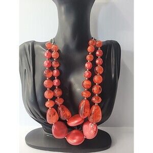 Vintage Red Beaded Statement Necklace Double Strand Acrylic Shell Beads Silver